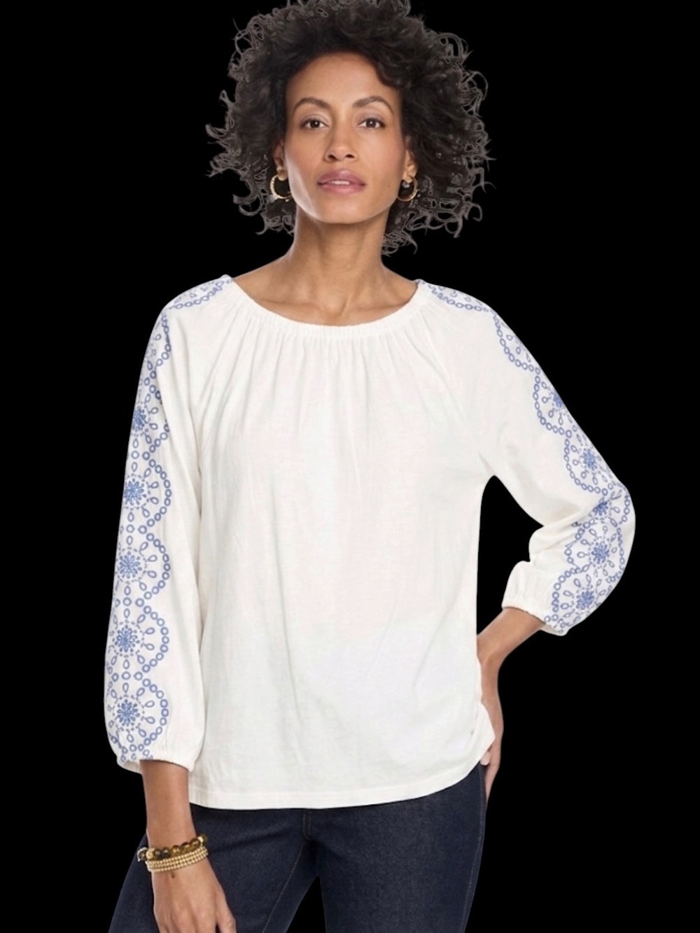 Talbots Women's White Peasant Blouse Blue Floral Embroidered Sleeves XL